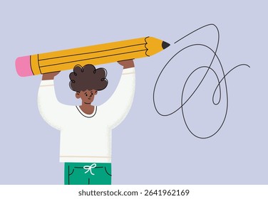 Man with a large Pencil. Young student holding big pencil. Cute isolated character. Trendy cartoon style. Funny hand drawn vector illustration. Drawing, writing, creating, design concept