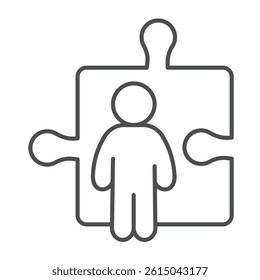 Man and large puzzle piece thin line icon, design recruitment concept. Vector graphics. Puzzle game, human recourse sign on white background, outline style icon for mobile or web design
