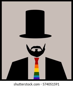man with large top hat and rainbow tie