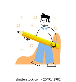 Man with large yellow pencil. Outline Creative profession artist. Drawing lessons. Writing supplies. Linear geometric abstract character. Trendy cartoon