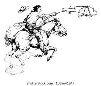 Man Lassoing Book of arithmetic, cowboy, horse, riding, lasso, horseback, riding, vintage line drawing or engraving illustration.