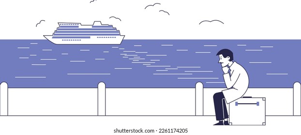 A man late for a cruise ship sits sadly on the pier.