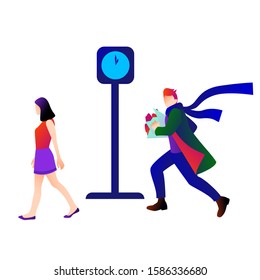Man is late for a date and woman is going away. Valentine's day situation vector illustration in flat gradient style and trendy colors
