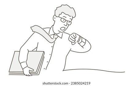 Man late looking at his watch. Hand drawn vector illustration. Black and white.