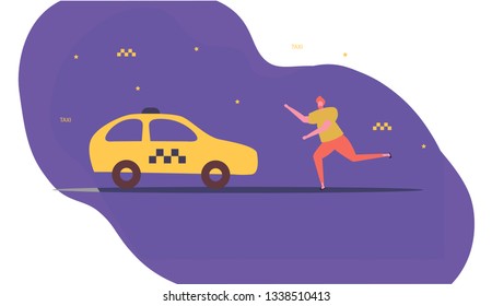 Man, late passengers hurry to get a car, wave or call for taxicab with great haste. Vector flat style cartoon illustration