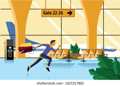 a man is late for a plane and runs with a suitcase at the airport on the background of the plane