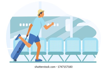 A man is late for a plane and runs with a suitcase at the airport on the background of the plane.