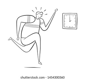 The man is late and running, hand-drawn vector illustration. Black outlines and white.