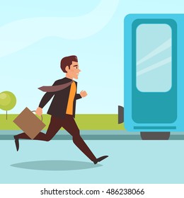 Man late for a train, work. Vector illustration. Cartoon character. Isolated.