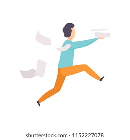 Man is late for work or at meeting, running with falling papers, busy and late businessman vector Illustration on a white background