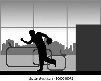 The man is late at work and runs into the office, one in the series of similar images silhouette