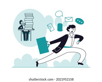 Man too late to work. Unsuccessful time management, tired and scared employee. Office worker look at watch and running vector concept