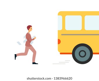 Man Late For Yellow Work Bus Running After It, Male Cartoon Character In A Suit Missed His Ride And Has To Hurry To Chase And Stop The Vehicle, Isolated Vector Illustration On White Background