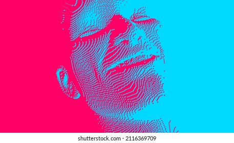 Man laughin. Men being in high spirit. Model of face. People and emotions concept. Voxel art. 3D vector illustration.
