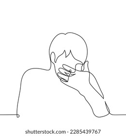 man laughing covering his mouth with his hand - one line drawing vector. concept inappropriate laughter, giggling svg