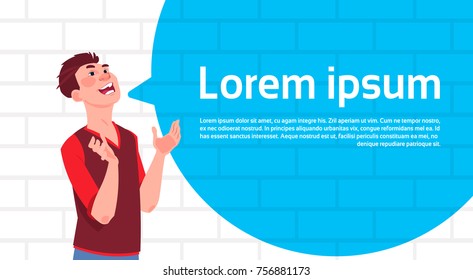 Man Laughing Over Big Chat Bubble With Copy Space White Brick Wall Background Flat Vector Illustration