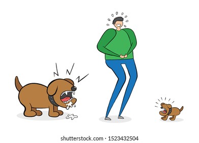 Man laughing small dog but he doesn't see the big dog behind him. You'il be crying in fear. Vector illustration. Black outlines, colored and white background. 