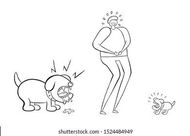 Man Laughing Small Dog But He Doesn't See The Big Dog Behind Him. You'il Be Crying In Fear. Vector Illustration. Black Outlines And White Background. 