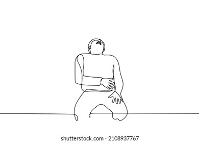 Man Laughing At Top Of Lungs - One Line Drawing Vector. Man Clutched His Stomach While Sitting On Chair.  Concept Of Uncontrollable Laughter, Acute Pain In The Abdomen 