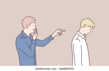 A man laughs at a man, pointing at him with his finger. The concept of bullying and ridicule. Hand drawn style vector design illustrations.