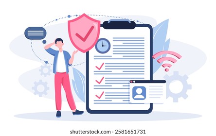 Man launch start up. Young guy near contract. Aspiring businessman and entrepreneur with idea. Businessperson registers company or organization. Flat vector illustration