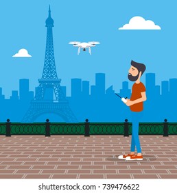 Man launches drone vector illustration.