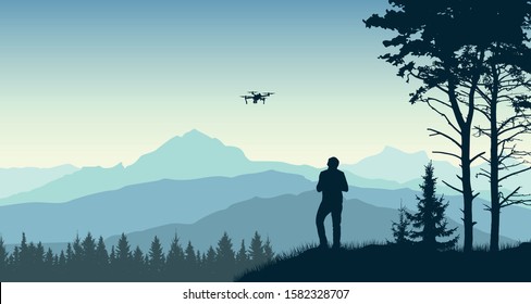 Man launches a drone. Videographer takes a landscape and nature. Forest, trees, mountains. Silhouette vector illustration