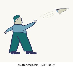 A man launches a paper airplane.