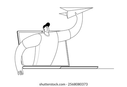 Man launches paper airplane. Conceptual illustration on topic of a startup. Isolated vector character.