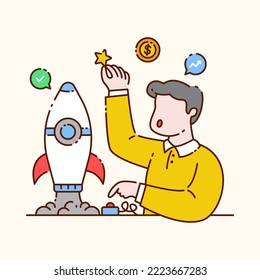 Man launches rocket and gets star. Startup business concept illustration