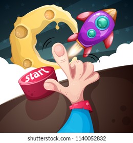 Man launches a rocket, press the red button. Vector eps 10