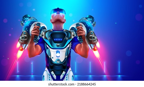 Man launching flying jetpack. Flying robotic armor with rocket engine on male pilot. Illustration fictions of superhero cyborg in futuristic exoskeleton. Muscular man in sci-fi flying iron suit.