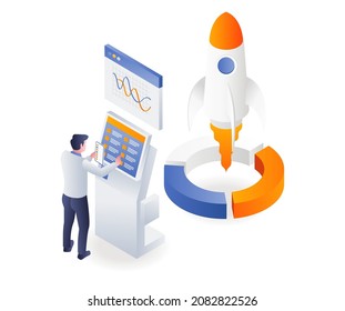 Hombre lanzando un cohete en ilustración isométrica