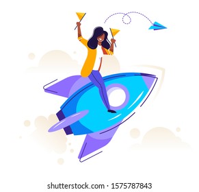 Man launching rocket, rise of the career to success, prepare a business project, Vector illustration.
