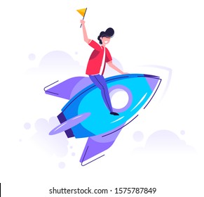 Man launching rocket, rise of the career to success, prepare a business project, Vector illustration.