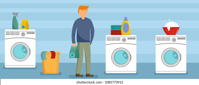 Man at laundry clothes banner horizontal. Flat illustration of vector man at laundry clothes banner horizontal for web design