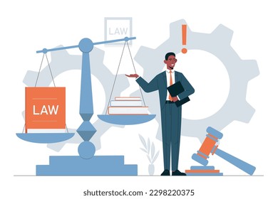 Man with law concept. Young guy with book and judges gavel stands against background of scales. Jurisprudence and law. Legal service, notary. Cartoon flat vector illustration