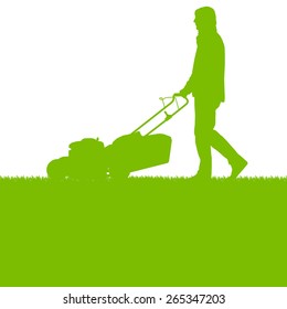 Man with lawn mover cutting grass vector background ecology concept