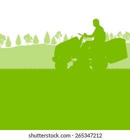 Man with lawn mover cutting grass vector background ecology concept