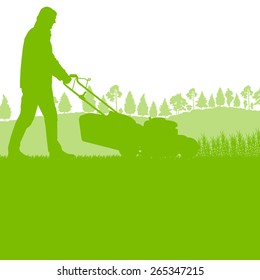 Man with lawn mover cutting grass vector background ecology concept