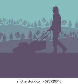 Man with lawn mover cutting grass vector background landscape with sunrise