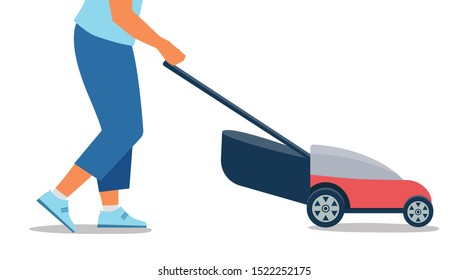 Man with a lawn mower on a white background. Flat vector illustration.