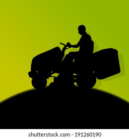 Man with lawn mower tractor cutting grass in field landscape abstract background illustration vector
