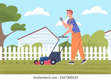 Man lawn mowing. Gardener with lawnmower mow grass on backyard green nature landscape, garden maintenance work professional gardeners, cartoon gardening classy vector illustration original artwork