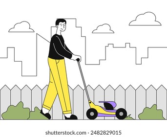 Man with lawnmower. Young guy mows lawn in backyard. Routine and household chores. Trimming grass in garden. Gardening occupation. Linear vector illustration isolated on white background