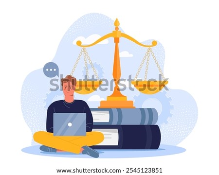 Man with laws. Young guy with laptop sits near stack of books and huge gold scales. Jurisprudence and judgement, legal support. Flat vector illustration isolated on white background