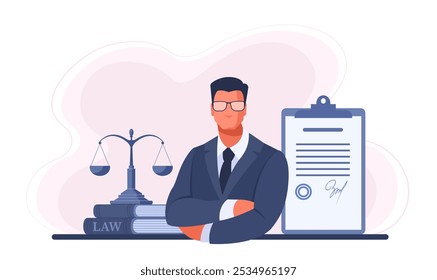 Hombre abogado, abogado en demanda tiene contrato y balanzas. Concepto de servicios jurídicos para empresas, celebración de acuerdos, contratos. Abogado, servicios de abogados, notario. Ilustración vectorial en azul.