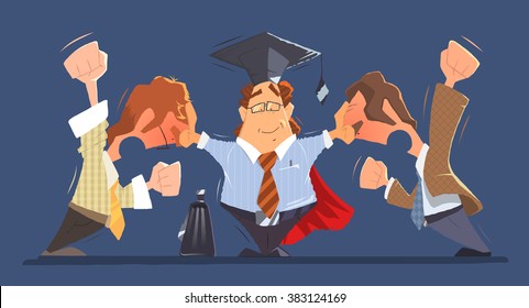 Man lawyer between two shouting and fighting dispute conflict people businessmans or boss and employee. Color vector character illustration.