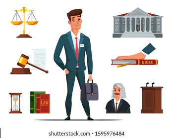 Man Lawyer Characters Wearing Suit. Flat Referee Accessories Set. Code Of Law, Bible Oath, Hourglass, Courthouse, Tribune, Judicial Gavel, Golden Weigh-scales. Justice. Vector Illustration