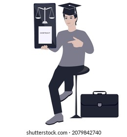 Man lawyer sits on a chair, scales of justice on the smartphone screen, briefcase - isolated on white background - vector. Legal support agreement. Online contract. Legal advice online.